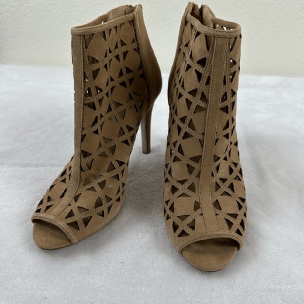 Michael Kors Womens 7.5 Tan Suede Laser Cut Peep Toe Stiletto Ankle Boots - Picture 2 of 10